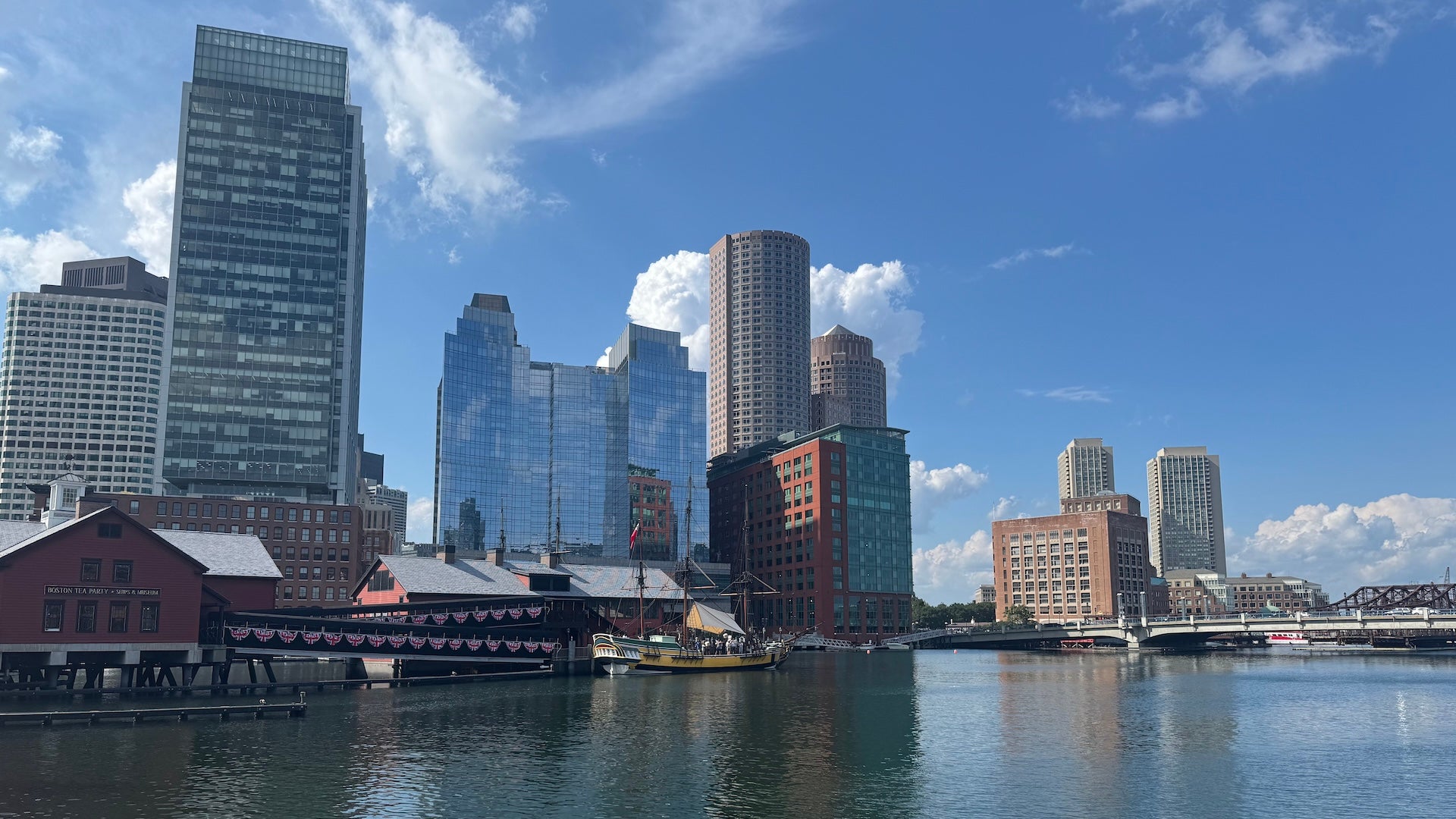 Boston tea party ships and museum with downtown Boston in the background